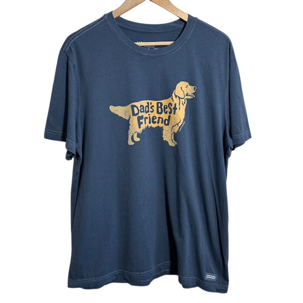 Life is Good Mens Crusher Lite T Shirt L Blue Golden Retriever Short Sleeve Dad